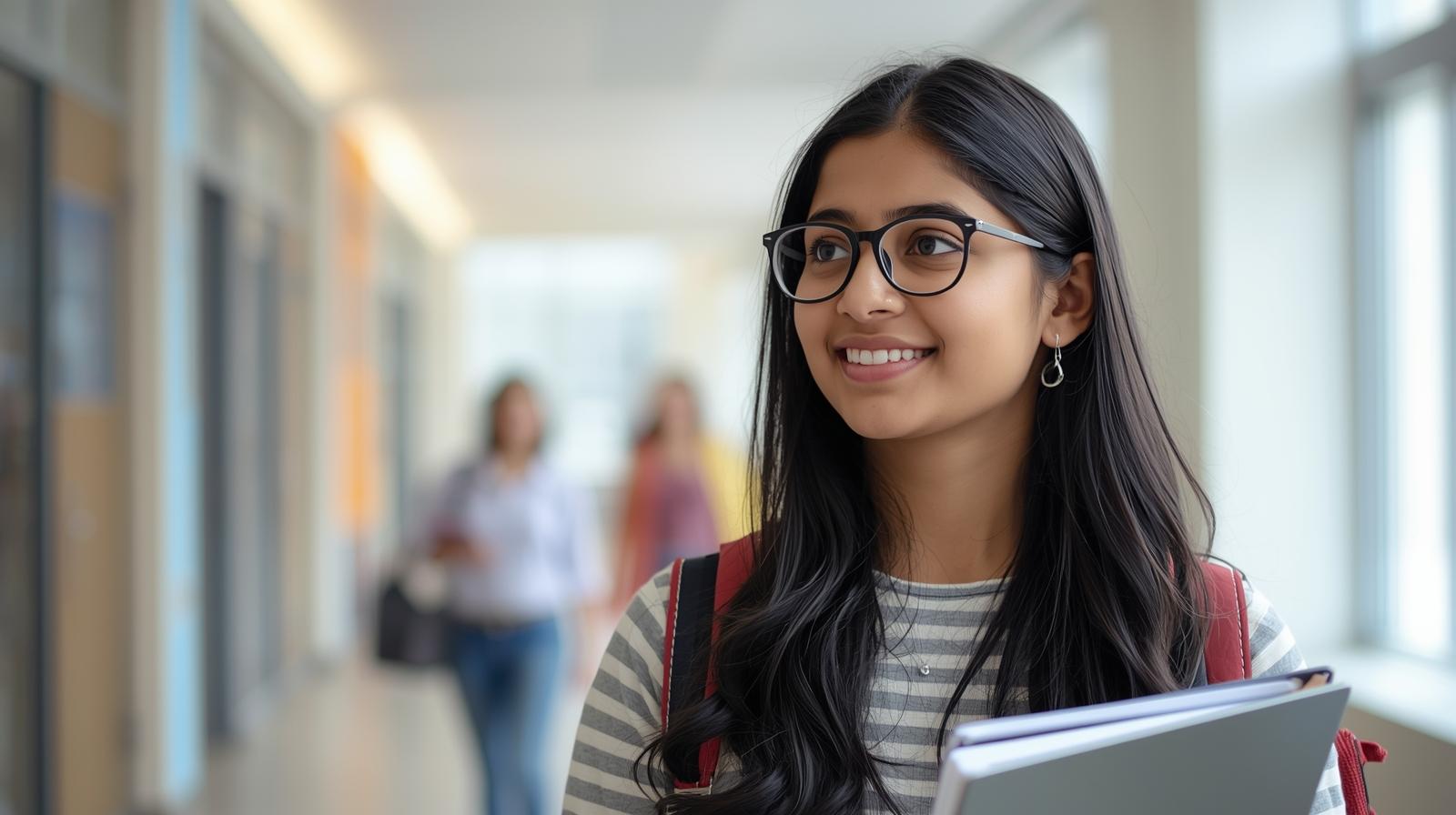 A young woman with glasses and a backpack smiles, representing students in a BBA course in Hyderabad.