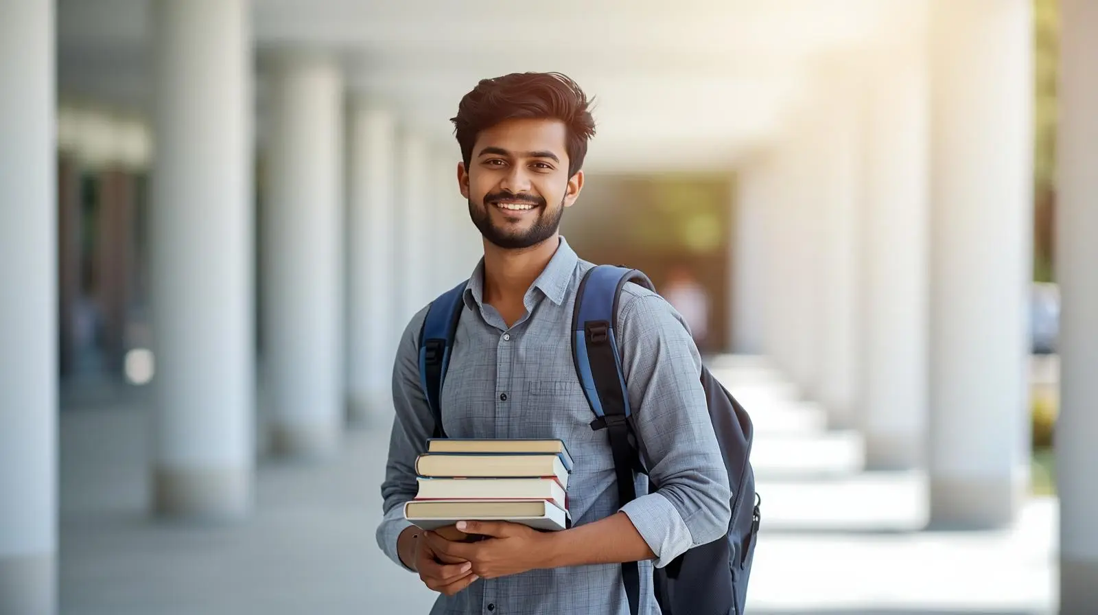 A young man with a backpack holds a stack of books and smiles while standing in a corridor with white columns at BCA Degree College in Nampally.