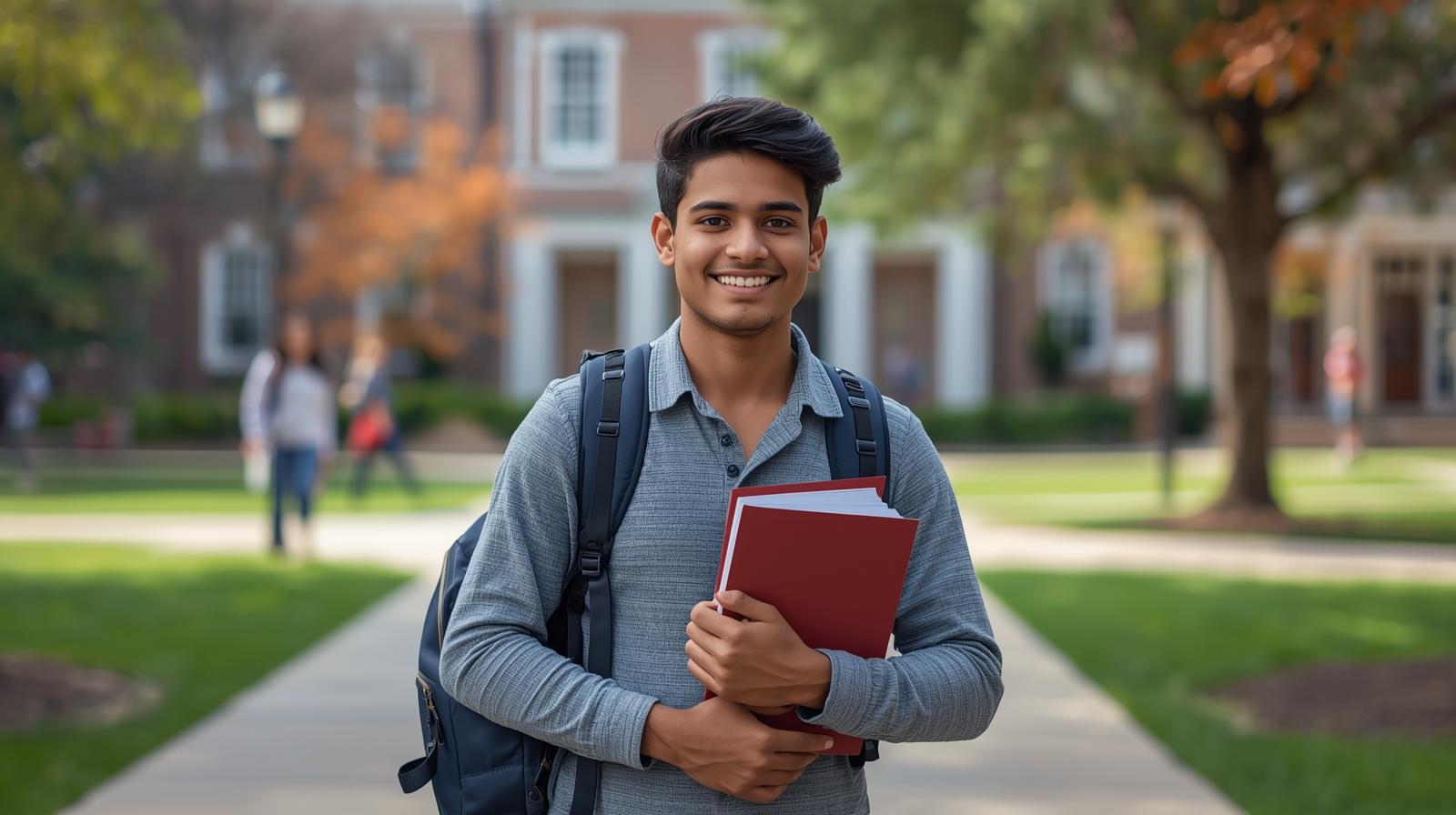 A smiling young man with a backpack holds a book at B.Sc MSCs College in Hyderabad.