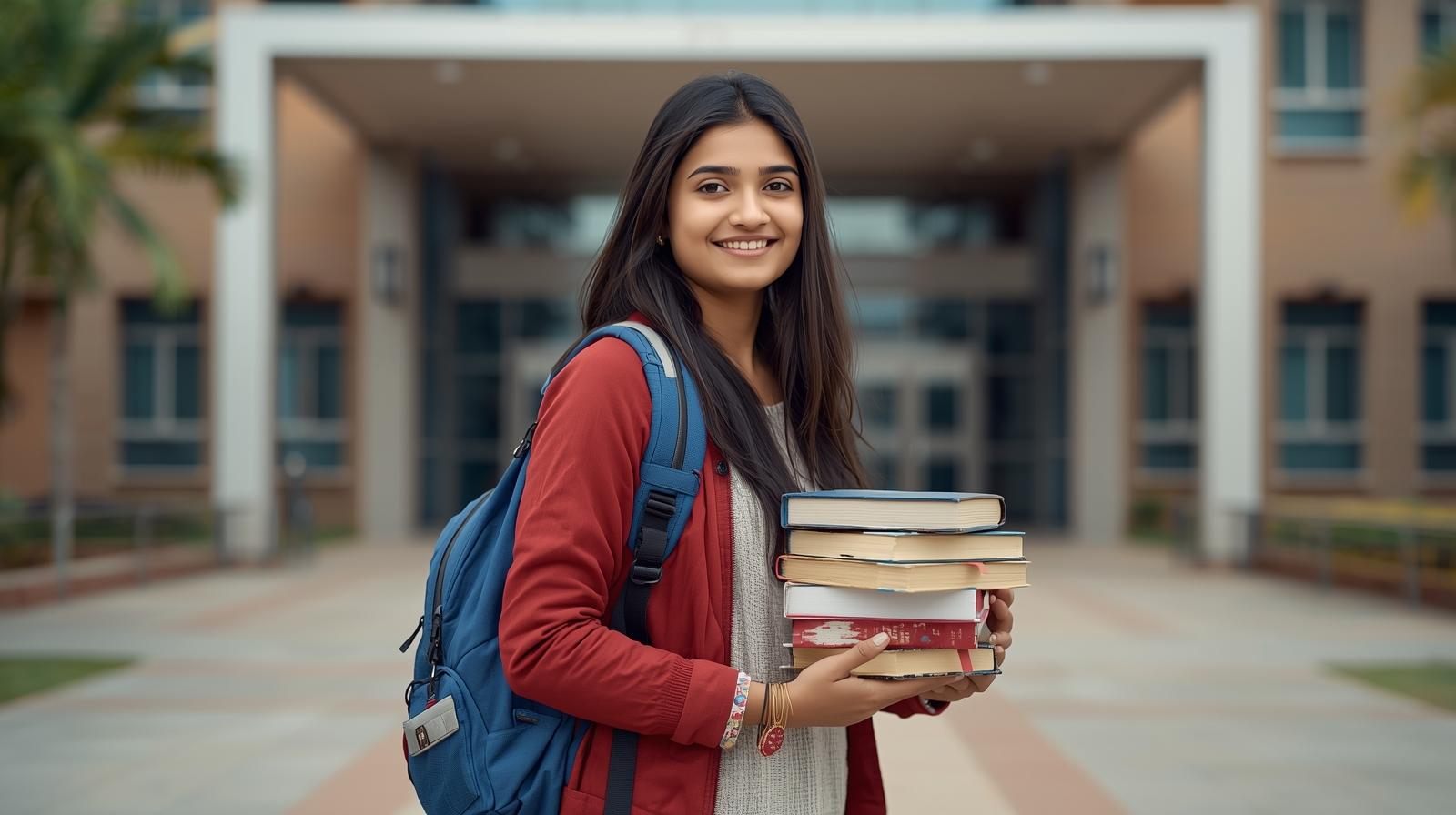 A young woman stands with books outside the CAT Degree College Hyderabad