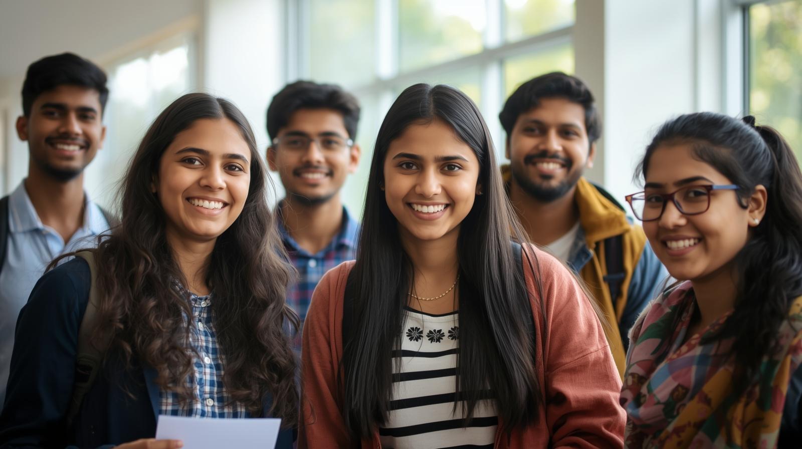 A group of young people smiling together at B.Com General College in Hyderabad, showcasing camaraderie and joy.