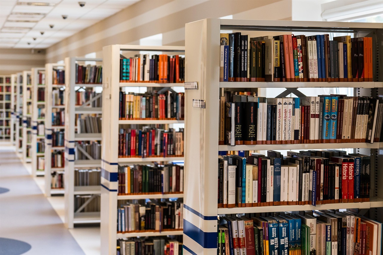 Well-stocked library at CAT College with students studying and accessing books